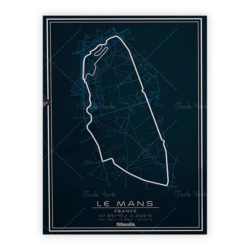 Impression sur piste de course du Mans. Papier d'art de silhouette de circuit de course, impression de voiture blanche, impression murale, cadeau d'anniversaire