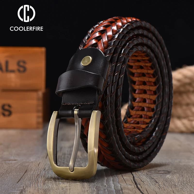 Ceintures tressées en cuir véritable pour hommes, ceintures vintage de haute qualité, boucle à ardillon dorée, décontractées pour jeans, HQ212