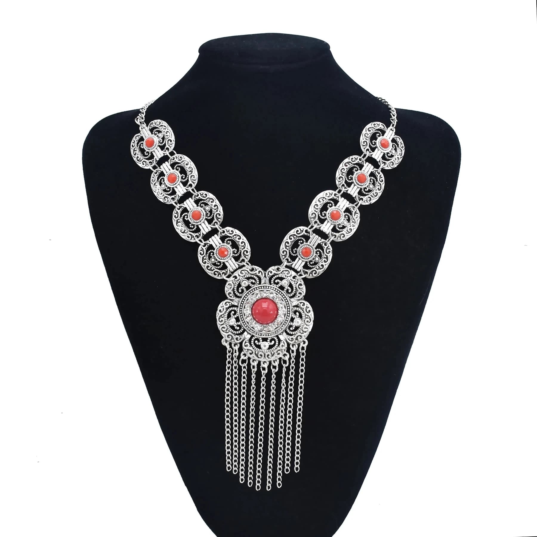 Colliers gitans à pampilles longues en pierre rouge et bleue pour femmes, style Boho, turc, Tribal, Afghan, fleur creuse, bijoux de fête