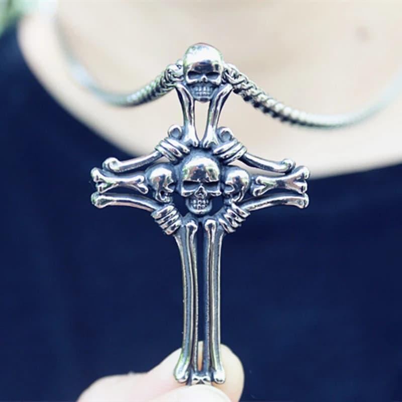 Collier avec pendentif tête de mort dominateur pour hommes et femmes, bijou rétro fait à la main avec croix en os humain, Boutique
