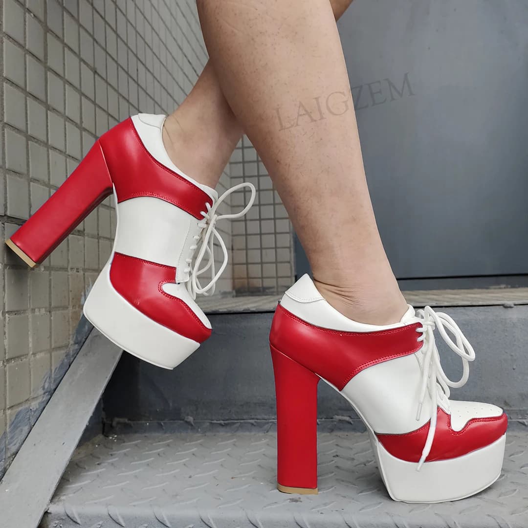 LAIGZEM-Bottes à plateforme pour femmes, chaussures de nuit à lacets, talons hauts, patchwork, grande taille 41 42 45 48 52