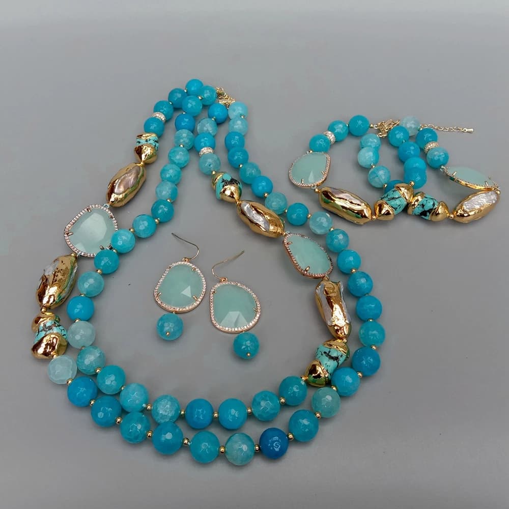 Ensemble collier et boucles d'oreilles en perles de cristal Biwa, agate à facettes bleues, turquoise, perle blanche de culture, 2 rangées