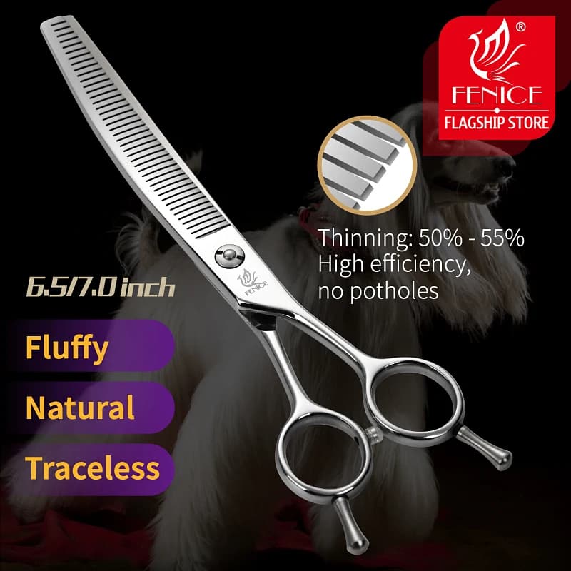 Ciseaux de toilettage pour animaux de compagnie Fenice JP440C 6,5/7/7,5 pouces, ciseaux à effiler incurvés pour chiens, ciseaux pour chiens à poils longs, taux d'effilage sans trace 50-55%