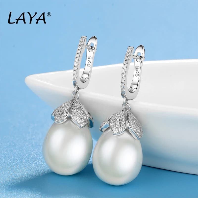 LAYA 925 en argent Sterling mode nouveau Style clair cubique Zircon coquille perle boucles d'oreilles pour les femmes de mariage classique bijoux fins