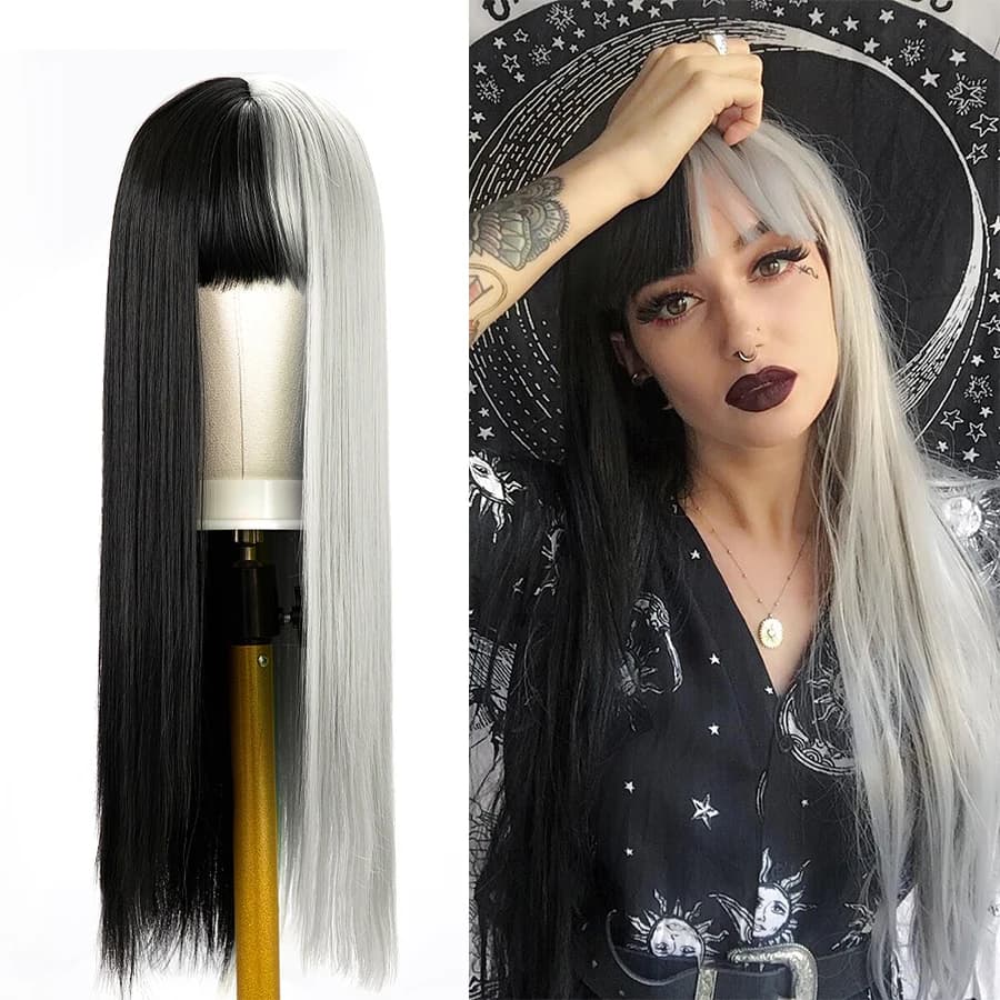Leeons-Perruque de Cosplay Lolita à Deux Tons Ombré, Noir et Blanc, 26 Pouces, pour Femme et Fille