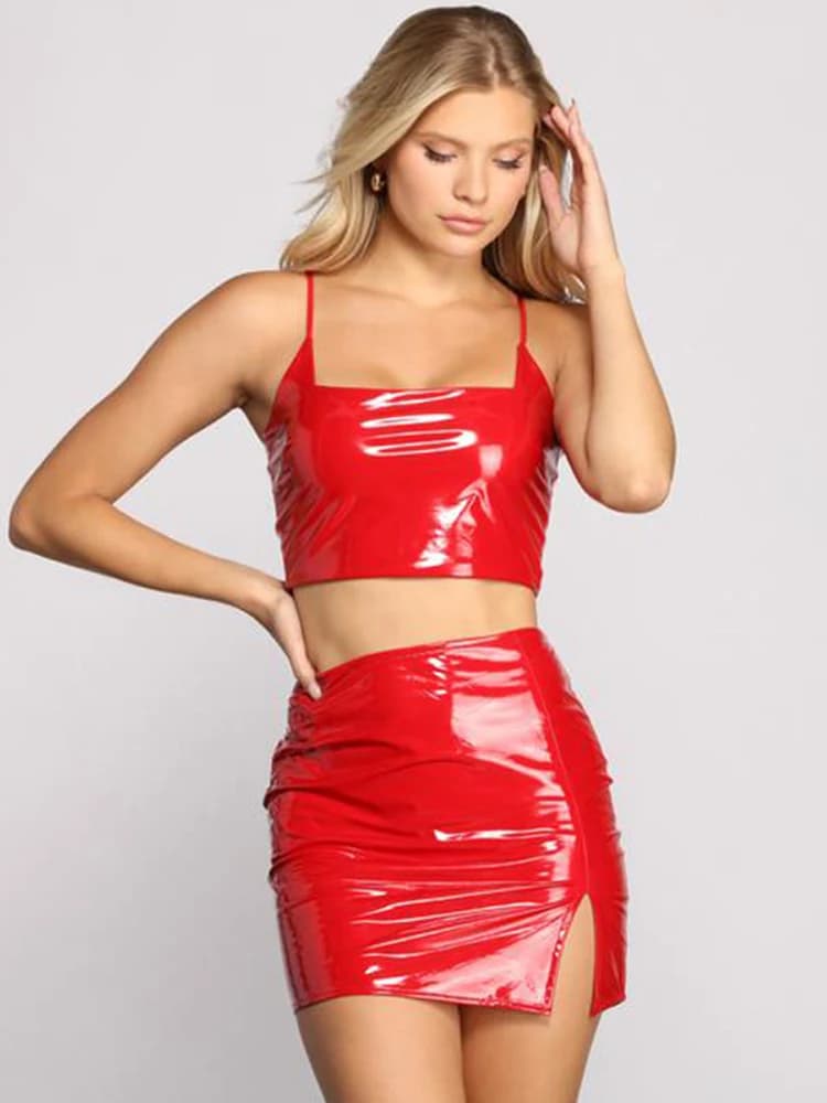 Ensembles de jupe Cami en cuir PU pour femmes, haut court, mini jupe courte, ensembles de 2 pièces, costumes en simili cuir PU, tenues d'été, sexy personnalisées