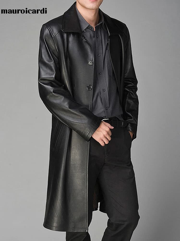 Mauroicardi-Manteau Long en Faux Cuir Noir pour Femme, Manches sulf, Simple Boutonnage, Luxe, Style Britannique, Mode Automne 2021