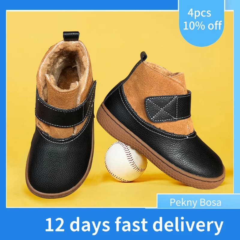 PEKNY BOSA-Bottes de neige en cuir véritable pour enfants, chaussures chaudes pour garçons et filles, pieds nus, fond souple, orteils larges, hiver