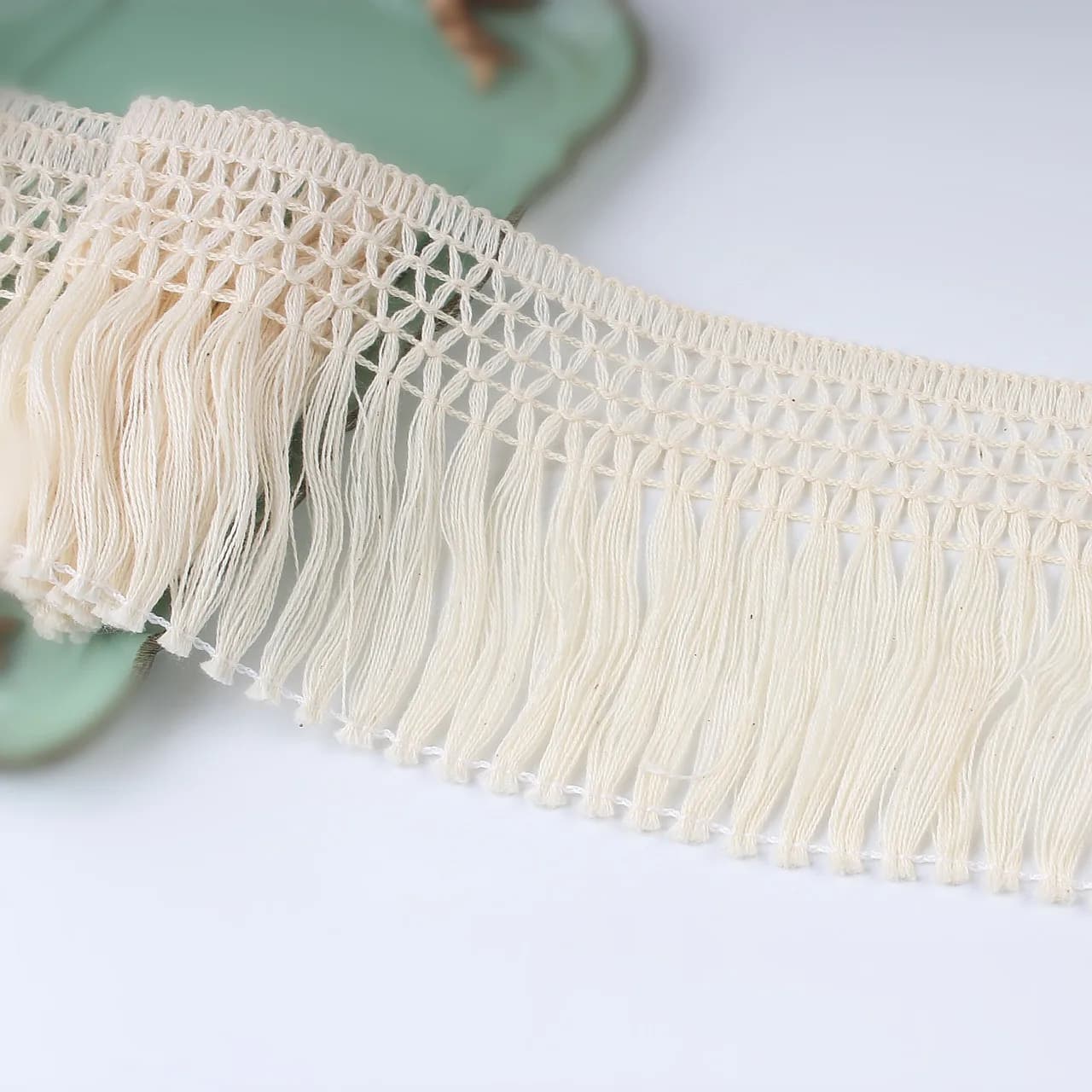 Frange de garniture en dentelle suspendue à pompon en coton, ruban de coton beige, artisanat de rideau fait main bricolage, 5 mètres par lot, 10cm de large