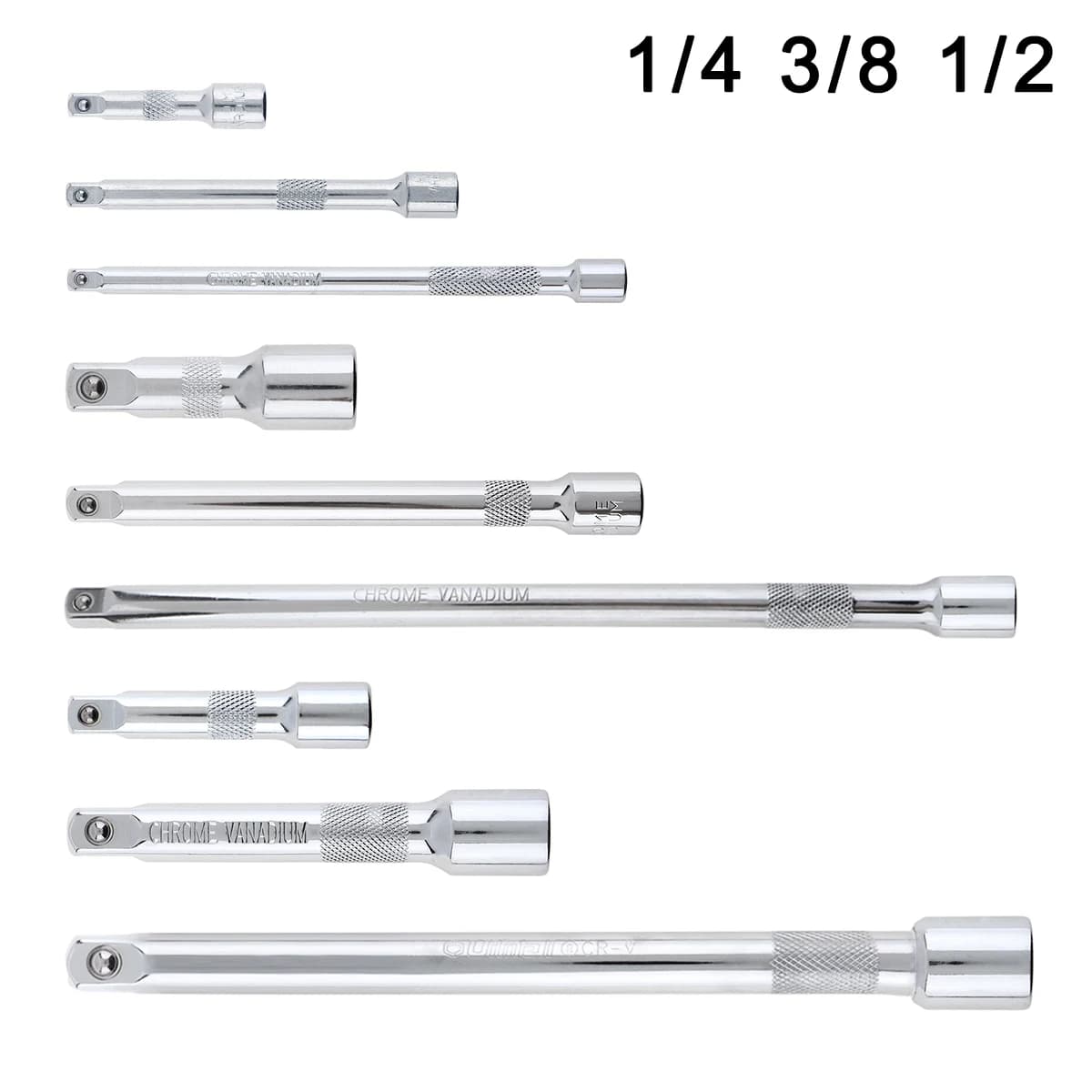 Barre d'extension en acier chromé 1/4 3/8 1/2, 50/75/100/125/150/250mm, clé à cliquet, adaptateur de douille, adaptateur de perceuse électrique, installation
