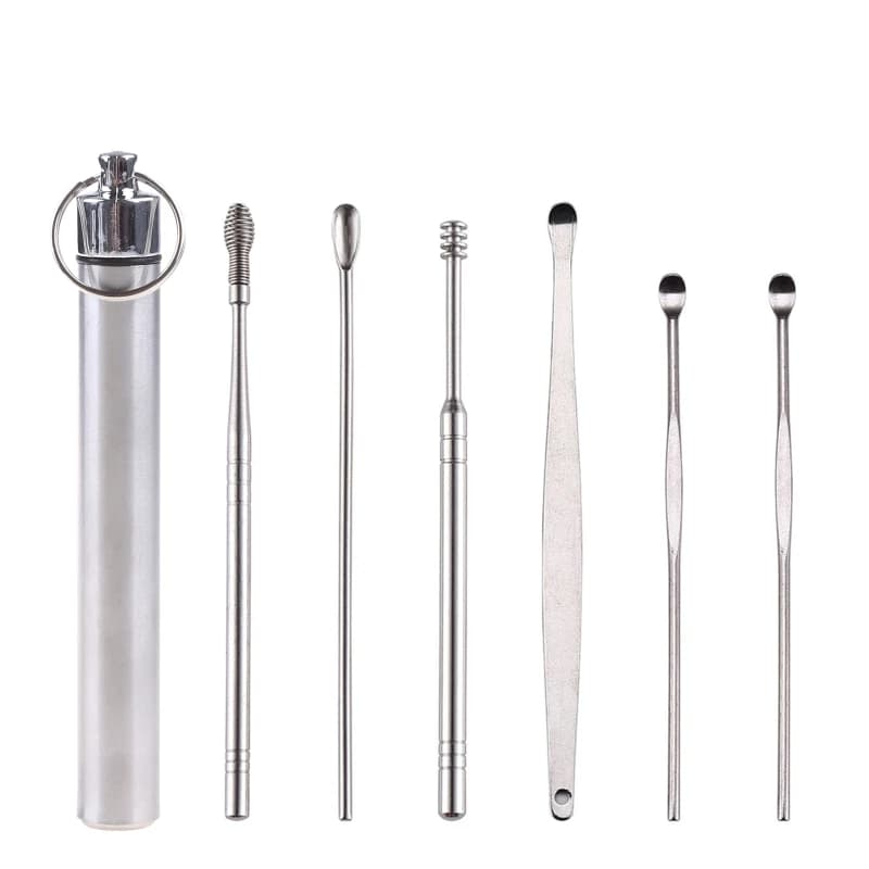 Cuillère à oreille de poche 6 en 1, cure-dents, porte-clés avec bouteille en alliage d'aluminium Portable, ensemble de cure-dents, porte-clés, pendentif réutilisable