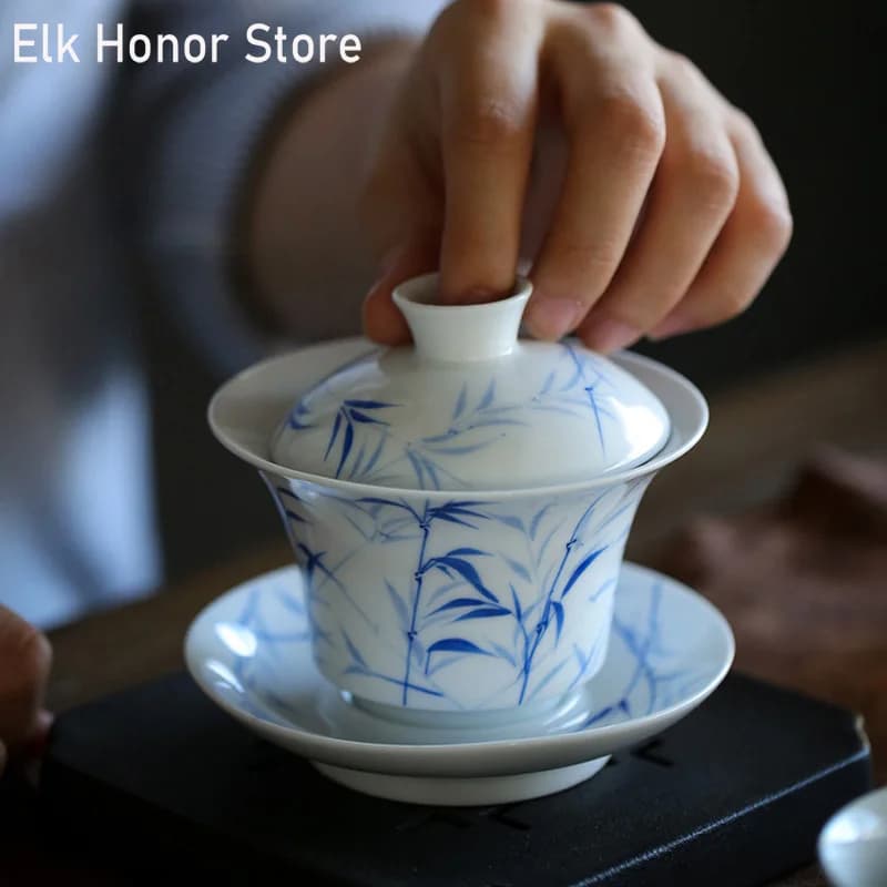 Jingdezhen – pot à thé bleu et blanc, porcelaine, bambou, peint à la main, bols, soucoupe, bouilloire, fleur, 120ml