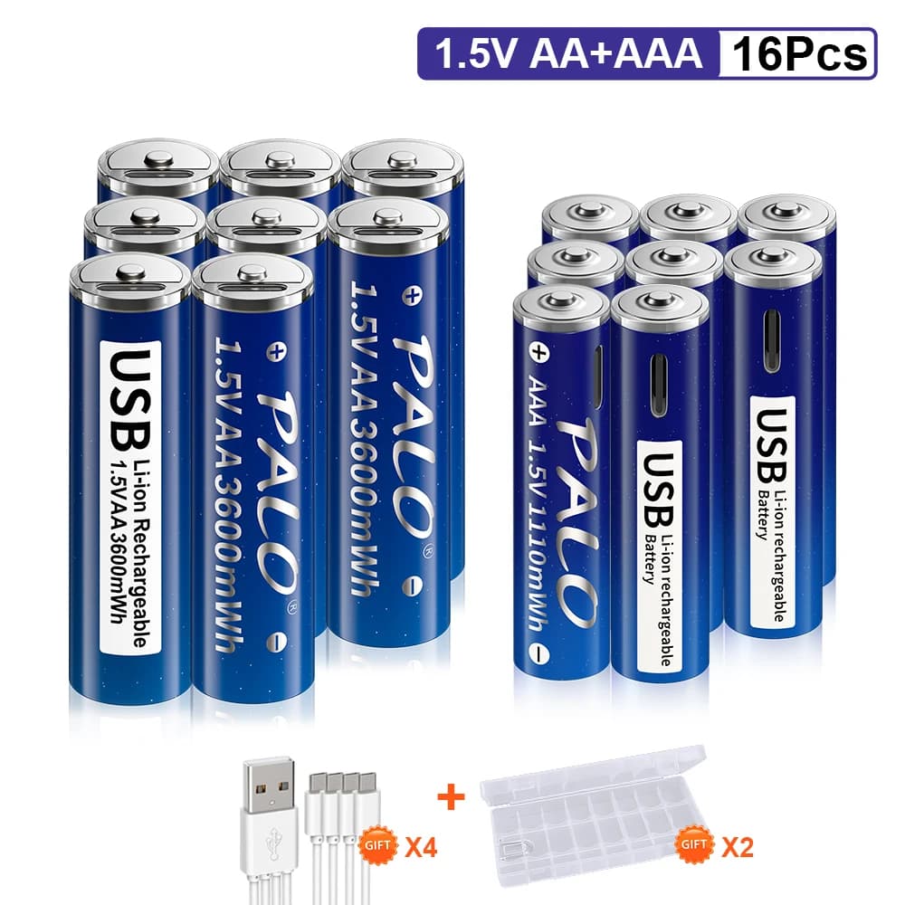 Batterie AA rechargeable Li-ion 1,5 V 3600 mWh + Batterie AAA rechargeable au lithium 1,5 V 1110 mWh avec câble USB