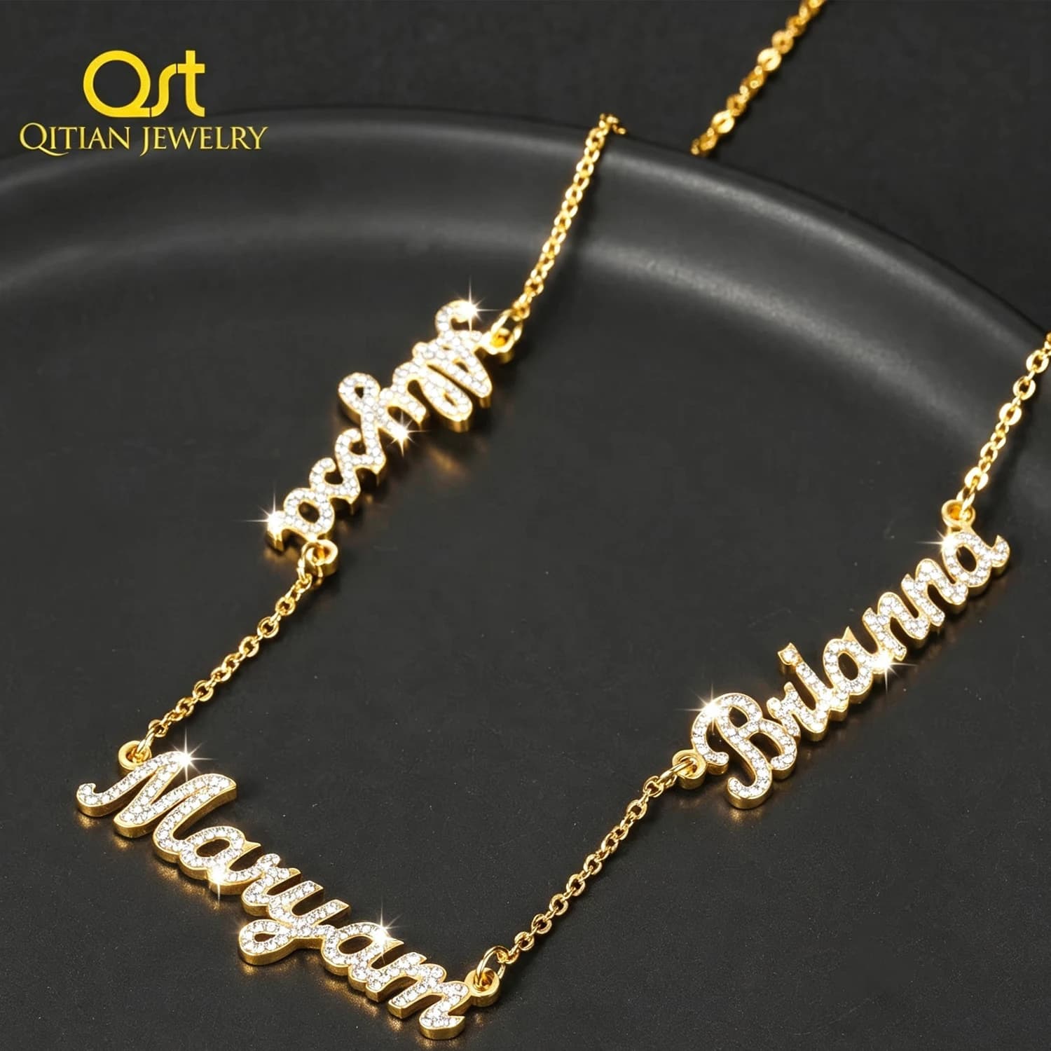 Collier personnalisé Qitian avec plusieurs noms de famille, serti de strass, en acier inoxydable, cadeau pour femme, bijoux
