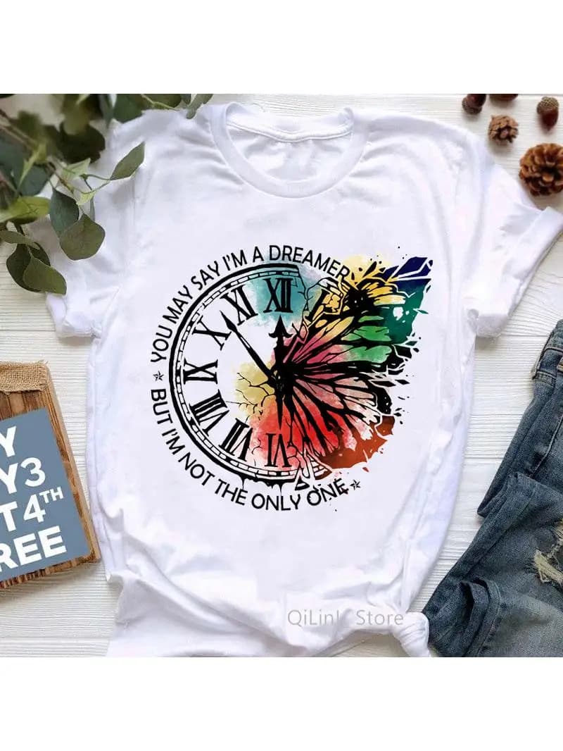 T-shirt manches courtes femme blanc, estival et vintage, avec horloge papillon imprimée, 2024