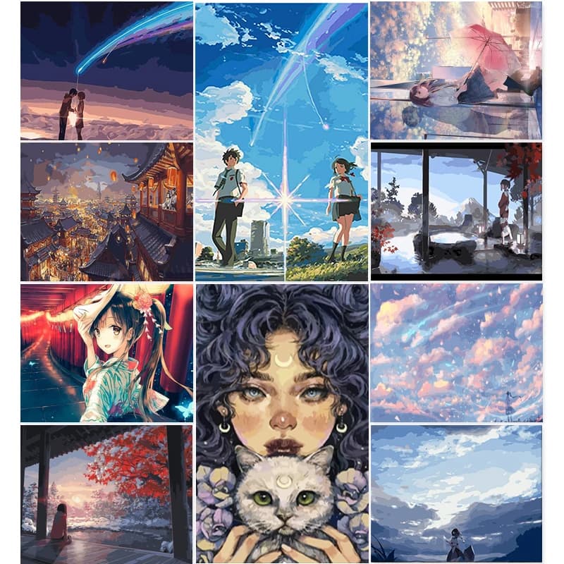 Gatyzory – peinture à l'huile par numéros, dessin animé de ciel fille, coloriage par numéros, peinture de paysage, toile, image peinte à la main