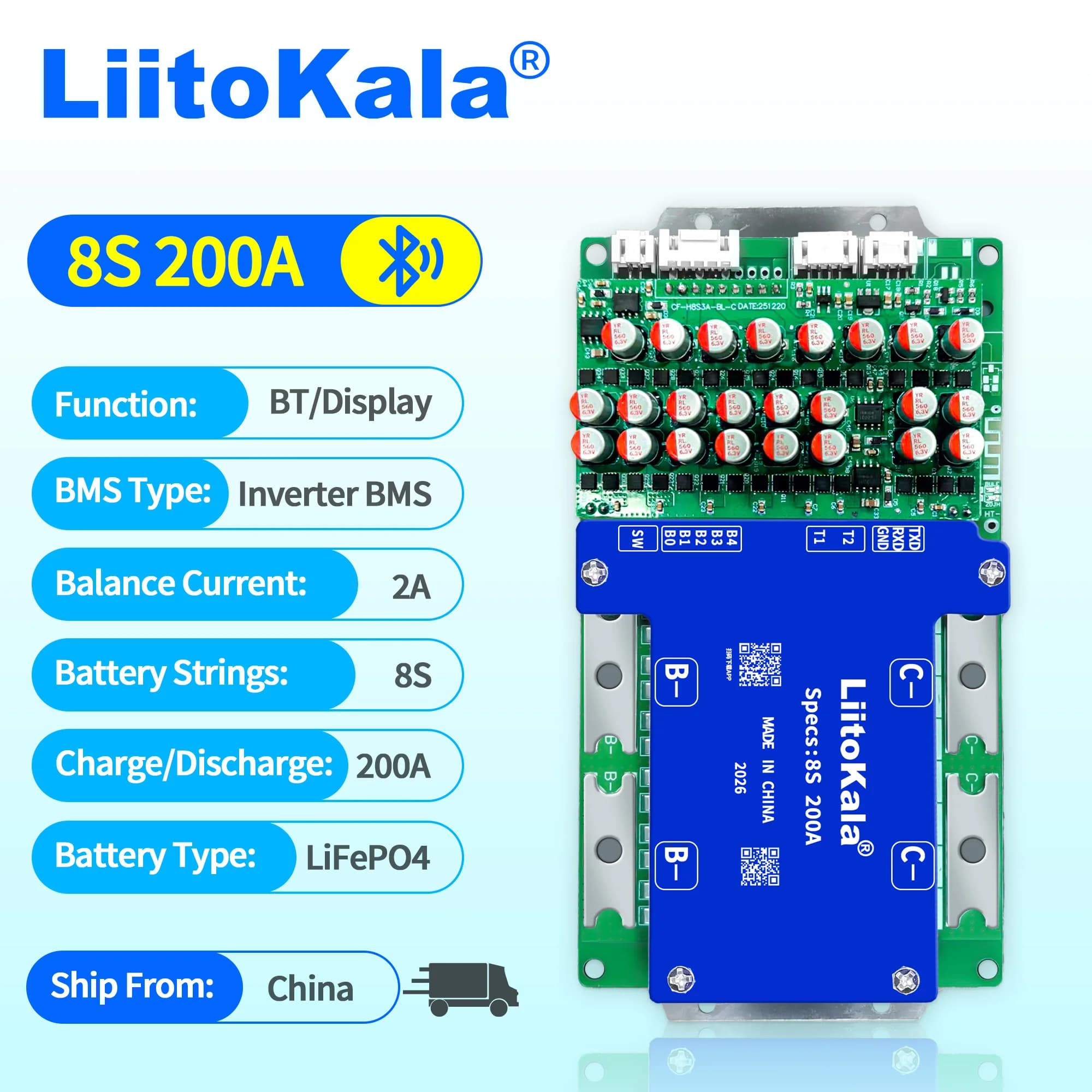 LiitoKala LiFePO4 4S-12V 8S-24V 100A 200A BMS pour batterie LiFePO4 rechargeable avec le même port pour batterie LiFePO4 3.2V