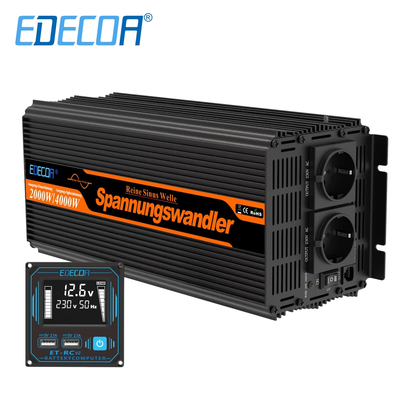 Onduleur à onde sinusoïdale Pure 12v 220v, 1500w 2000w 2500w, hors réseau, onduleur de puissance Edecoa, convertisseur DC 12v à 230v 12V 220V