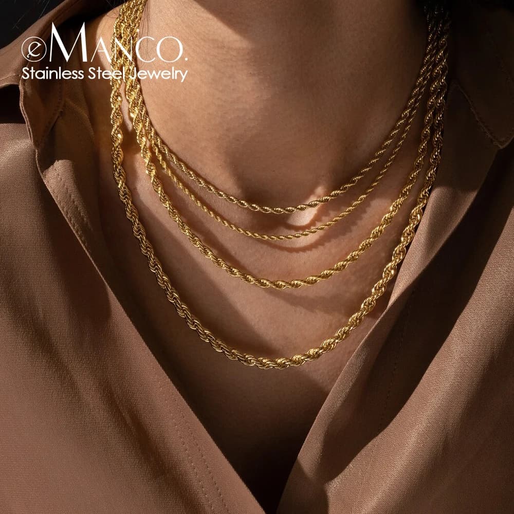 EMANCO Collier chaîne en corde 2/3/4/5MM en acier inoxydable, ne ternit pas, étanche, ras de cou pour hommes et femmes, bijoux couleur or, cadeau