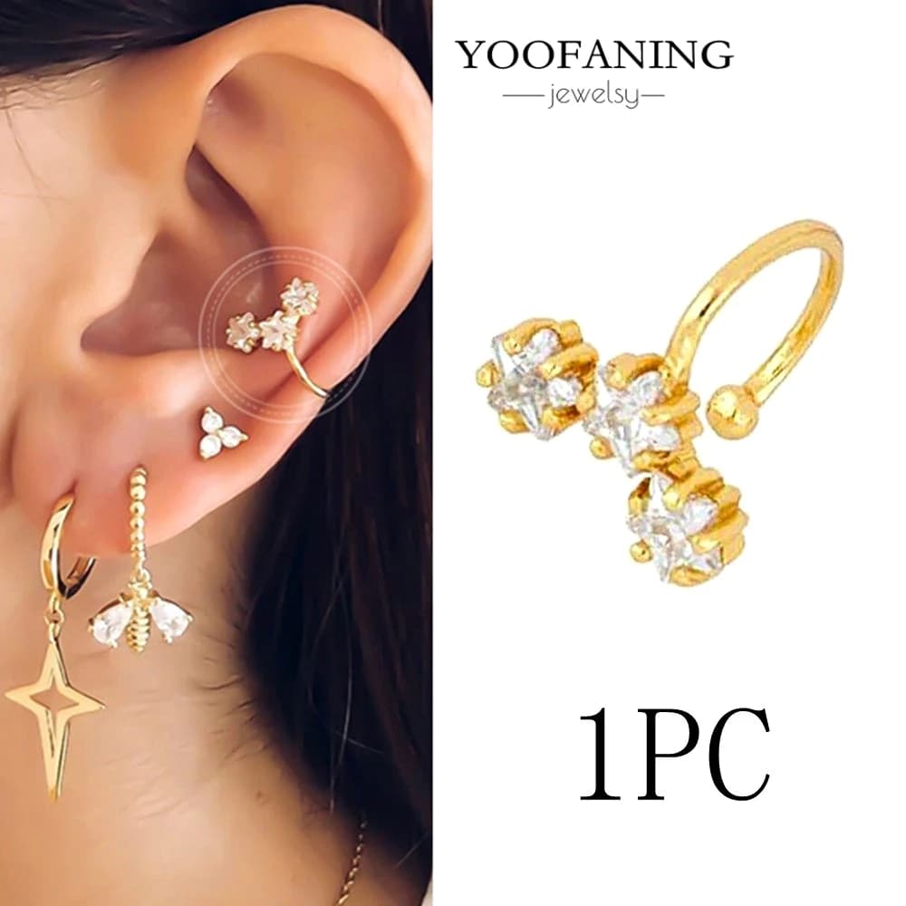 1 pièce, boucle d'oreille à clip en forme d'étoiles et de fleurs plaquée or 24 carats pour femmes, boucles d'oreilles simples en cristal, bijoux pour couples, cadeau pour rendez-vous.