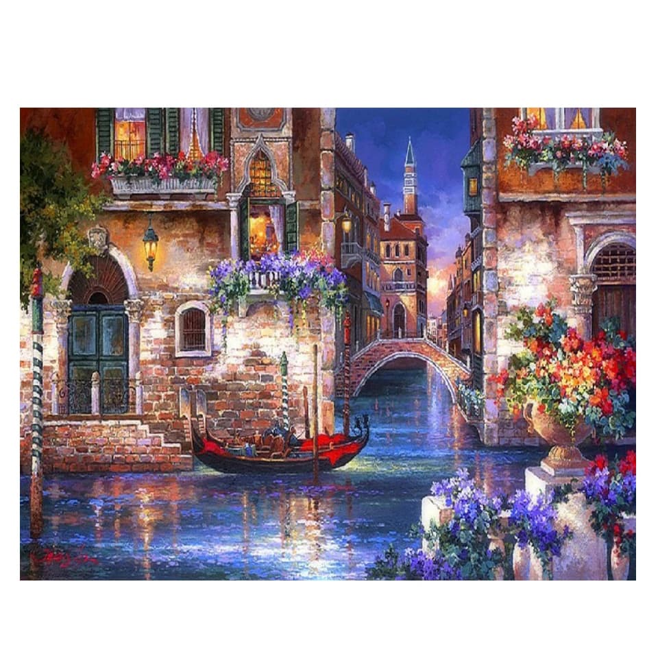 Peinture diamant complète, pont de ville, rivière, point de croix, biscuits, broderie, soirée, paysage de Venise, mosaïque, décoration d'intérieur