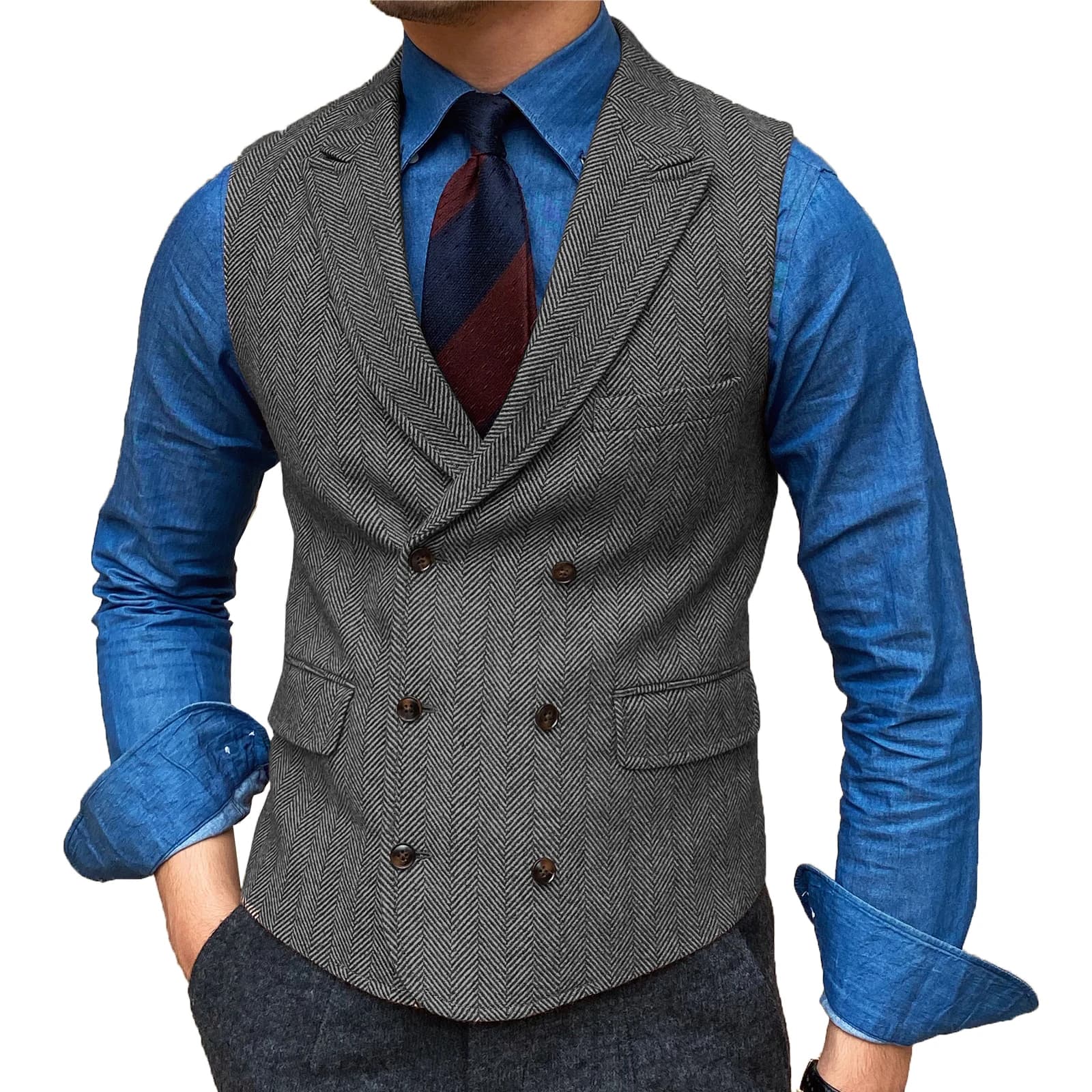 Gilet en laine à col à revers pour hommes, gilet rétro marron, poche formelle décontractée, coupe couvertes pour les affaires, homme d'honneur pour le travail de mariage
