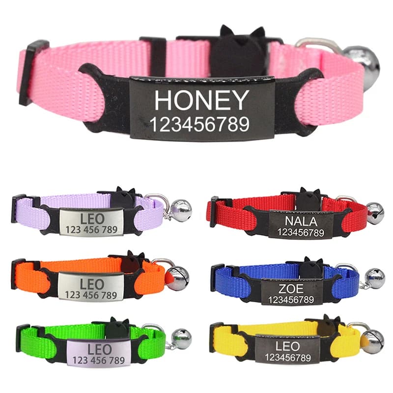 Collier personnalisé pour animaux de compagnie avec étiquette d'identification, gravure gratuite, collier pour chat, collier en nylon réglable et mignon avec système de sécurité détachable, collier