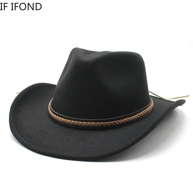 Chapeau de Cowboy occidental à bord enroulable d'hiver avec cuir rétro Gentleman dame Jazz Cowgirl casquette église Sombrero casquettes
