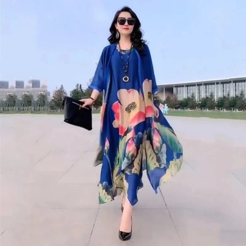 Injfur s-Robe longue à fleurs pour femmes, ensemble deux pièces élégant, grande taille, décontractée, vintage, d'âge moyen, mère, nouvelle mode