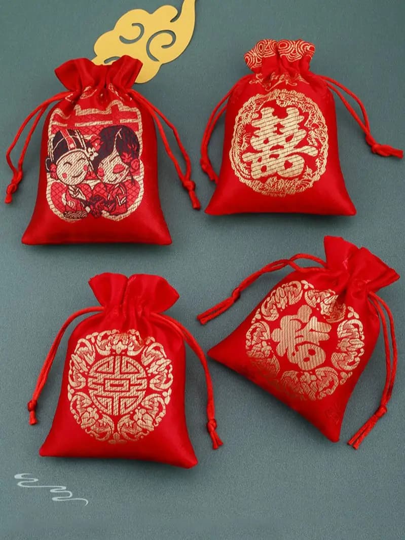 Sac à bonbons Double bonheur rouge, lot de 50 pièces, petit sac en tissu brodé, pochette de rangement à cordon
