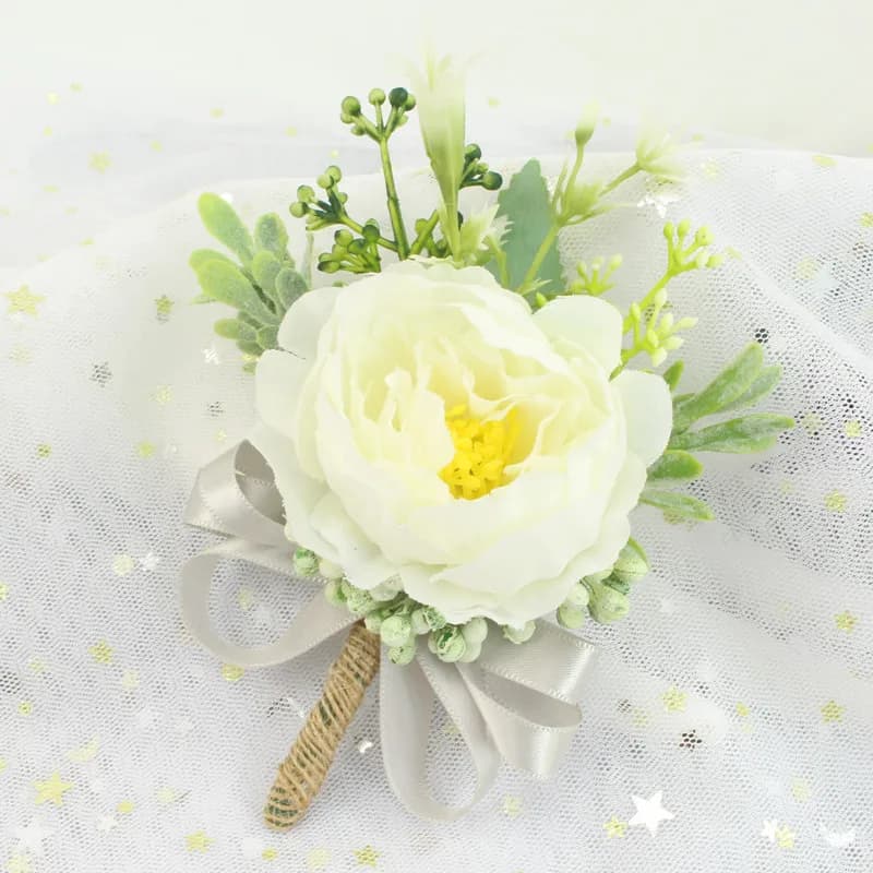 Meldel Boutonnière, Corsage de Mariage, Broche de Marié, Corsage de Poignet de Mariée, Fleur en Soie Blanche et Rose, Bracelet de Demoiselle d'honneur, Articles de Mariage