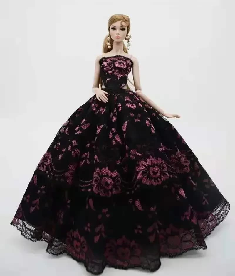 Robe de soirée de mariage classique, noir, rose, motif Floral, épaules dénudées, robe de poupée pour Barbie, vêtements de princesse, accessoire de poupées de 11.5 pouces, 1/6