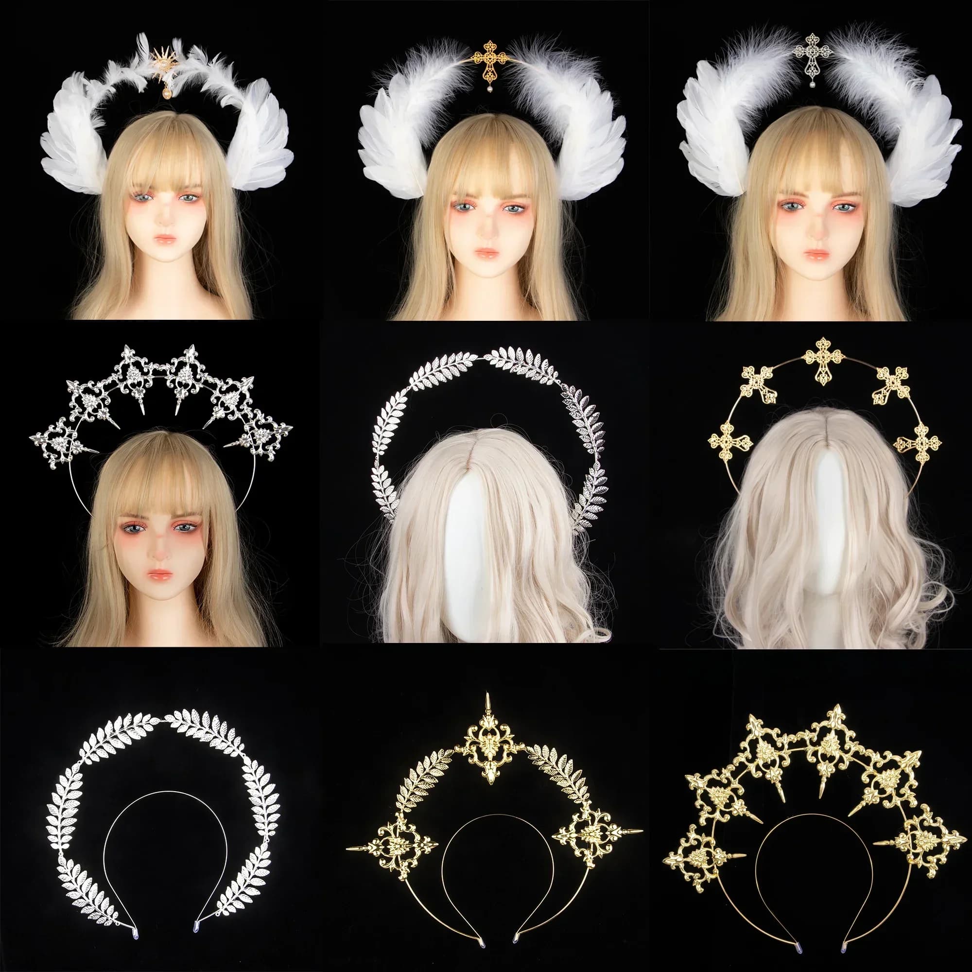 Pièce de sauna couronne Halo gothique Lolita, coiffure KC, ailes de plumes d'ange, bande de sauna de déesse Halo, accessoires de coiffure