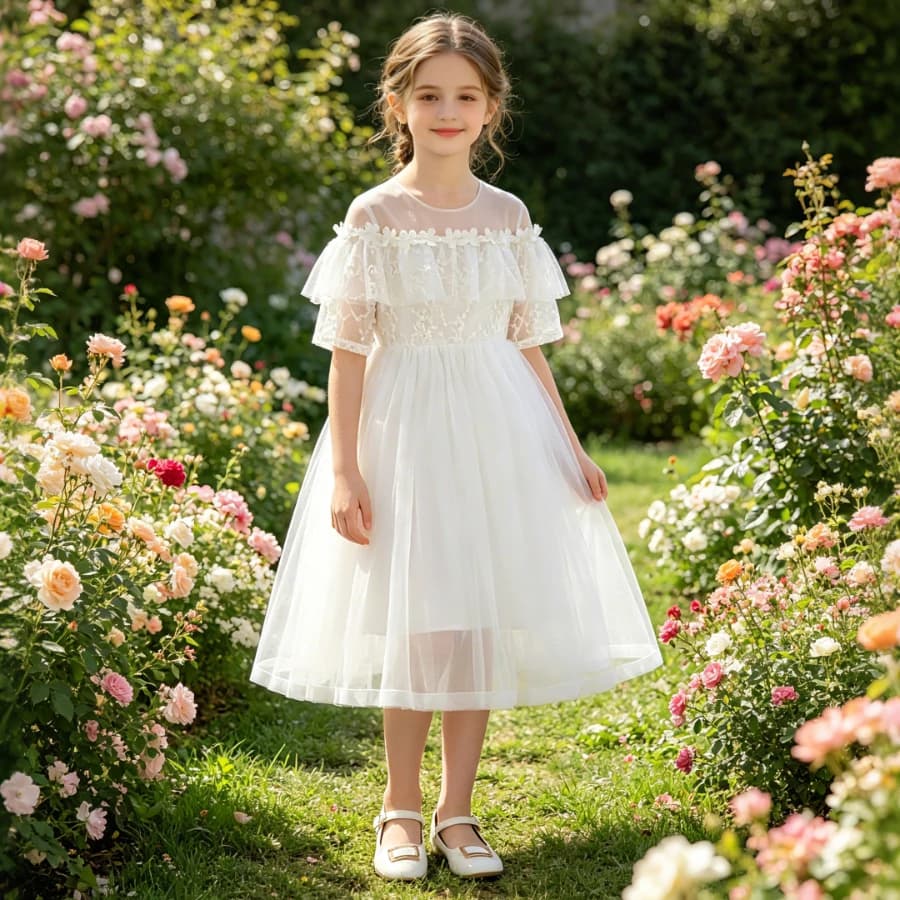 Robe en tulle blanc à dentelle pour filles, avec appliques florales, longueur midi, pour anniversaire, mariage, invitées, occasions formelles, robe de soirée élégante, 6 8 10 ans