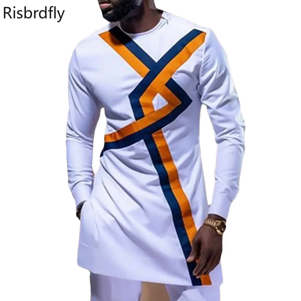 Chemises à col rond pour hommes, style africain, blanc, grande taille, manches longues, vêtements pour hommes, nouvelle arrivée, 2021