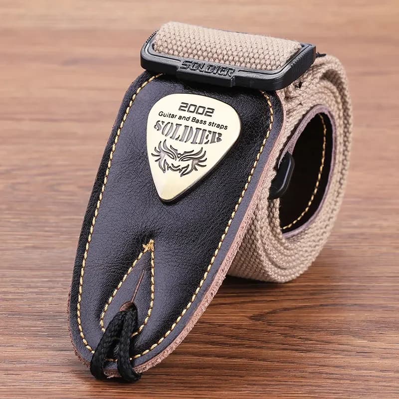 Sangle de guitare basse électrique acoustique de soldat, extrémités en cuir noir, ceinture d'épaule avec LOGO en métal personnalisé, accessoires de guitare