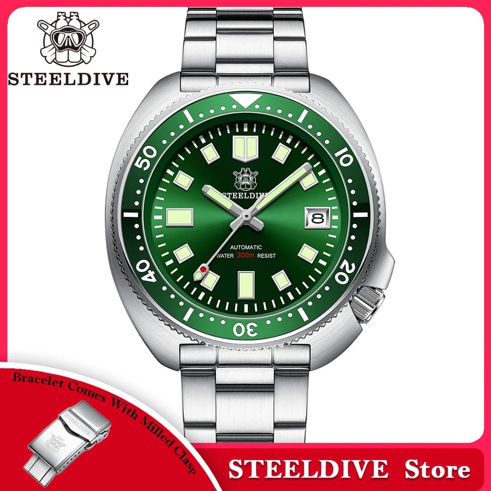 Montre de plongée Steeldive Brand SD1970 Tuna, 200 m étanche, verre saphir, mouvement automatique NH35, acier inoxydable, montre pour homme