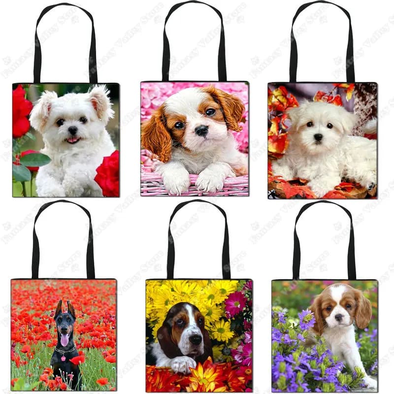 Personnaliser Shopping sac fourre-tout mignon fleur chien impression femmes dame mode tissu sacs à main filles carlin pliant réutilisable Shopper sacs