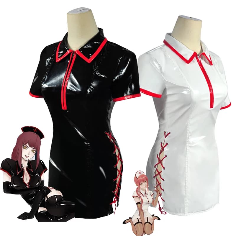 Anime Chainsaw Man Cosplay Costume pour femme, Makima Power, uniforme d'infirmière sexy, robe en cuir PU, perruque imbibée, tenues de cosplay d'Halloween