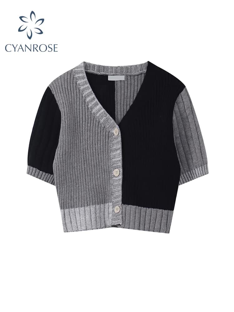 Cardigan court boutonné à col rond pour femmes, haut court patchwork, pulls minces, mode décontractée, style coréen, été, 2022
