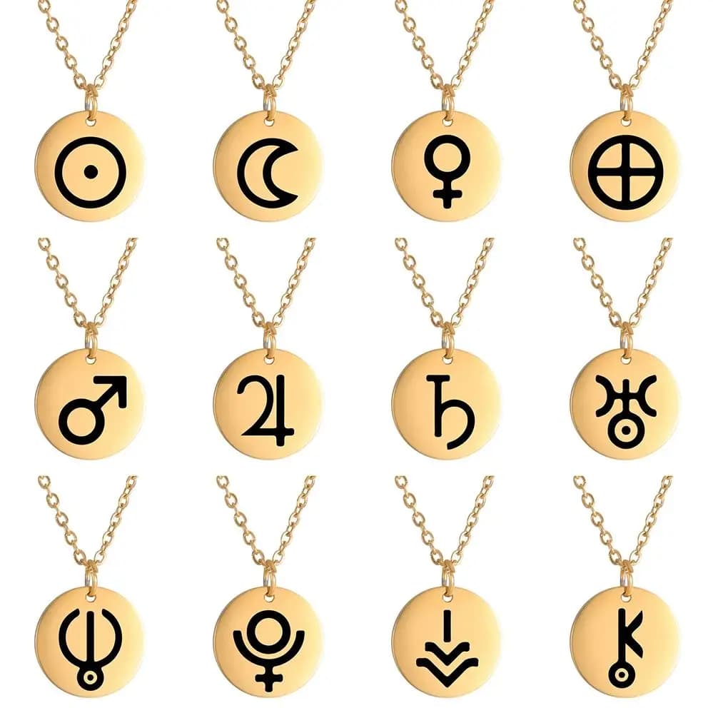 Dawapara – amulette de symbole de planète, petit collier à breloques, Jupiter, saturne, Pluton, Neptune, symboles alchimiques planétaires, en acier inoxydable