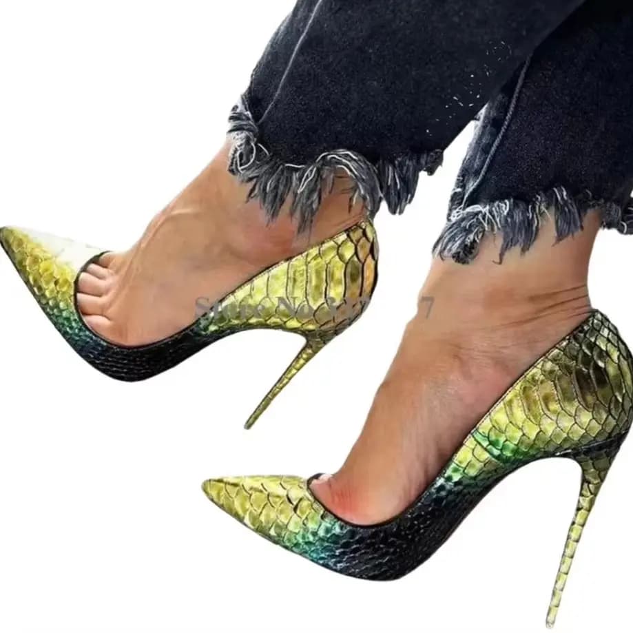Linamong Sexy bout pointu jaune vert dégradé serpent cuir talon aiguille pompes sans lacet 8 cm 10 cm 12 cm talons hauts Club talons