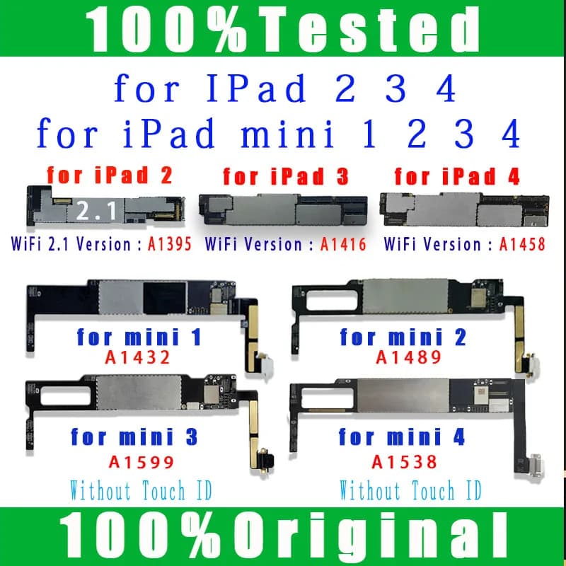 A1395 A1416 A1458 cartes logiques pour iPad 2 3 4 carte mère A1432 A1489 A1599 A1538 pour iPad mini 1 2 3 4 carte mère sans iCloud