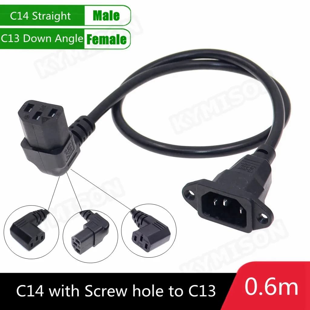 Câble d'extension IEC320 C14 vers C13, C14 avec trous de fixation et C13 coudé, longueur 30 cm / 60 cm, H05VV-F 3G 0.75MM