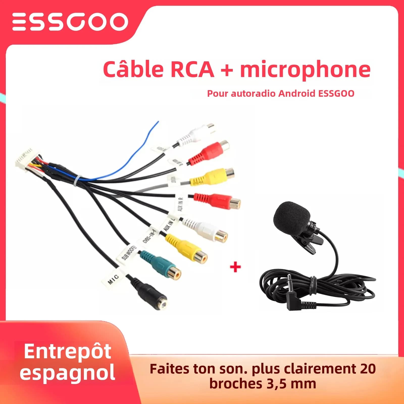 ESSGOO autoradio 3.5mm Microphone caisson de basses fils micro 20 broches câble RCA pour Android stéréo sortie caisson de basses Kit