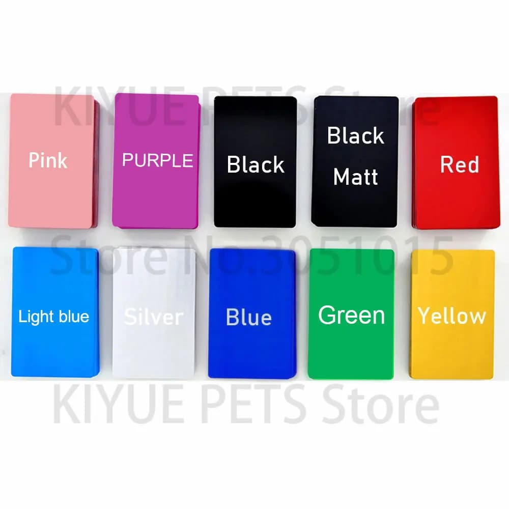 Cartes de visite en aluminium personnalisées pour le client, gravure Laser, étiquette d'identification de chien pour animaux de compagnie, bricolage, cartes cadeaux, 10 couleurs, vente en gros, 100