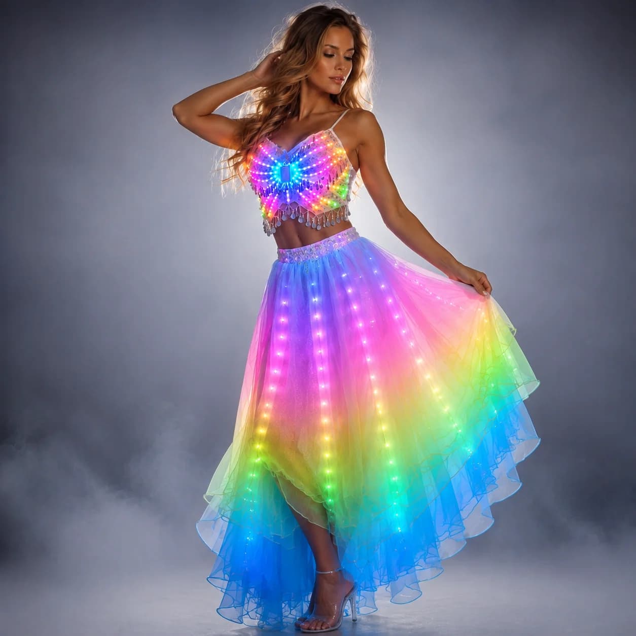 Jupe fendue de danse du ventre pour femmes, lumières de couleur LED, vêtements d'entraînement professionnels Sexy, Costumes de danse
