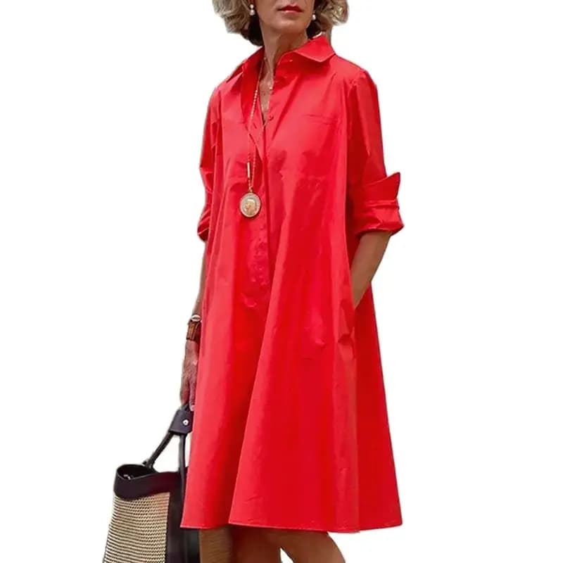 Robe chemise à poches pour femmes, décontractée, couleur unie, élégante, col rabattu, tenue de bureau, manches longues, ample, automne
