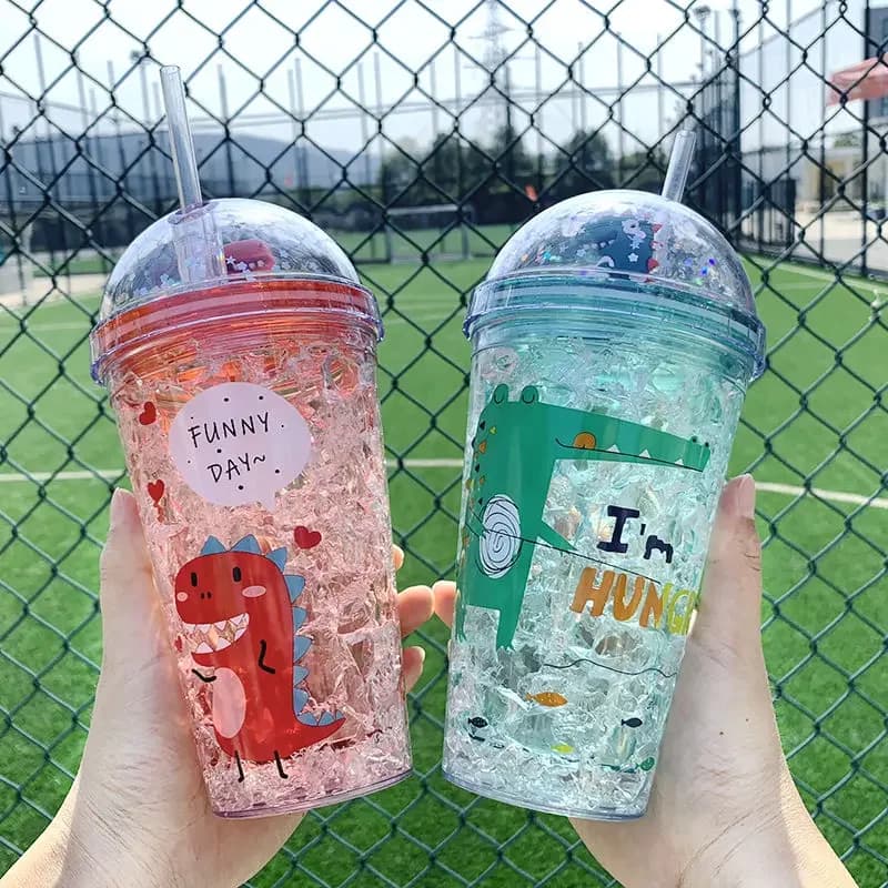 Bouteille en plastique avec paille pour enfant, 350ml, poupée dinosaure, Double couche, pour eau de réfrigération, cadeau d'été, tasse à café
