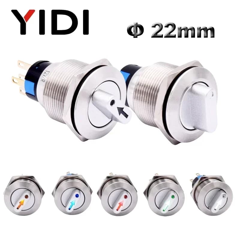 Interrupteur rotatif métallique étanche 22 mm, 2 ou 3 positions, 1NO1NC 2NO2NC, 12V, avec bouton-poussoir en acier inoxydable et LED rouge/verte